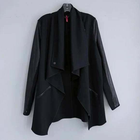 SPANX Faux Leather Sleeve Drape Front Jacket Black L Ponte Moto Blazer 50176R - Picture 10 of 16